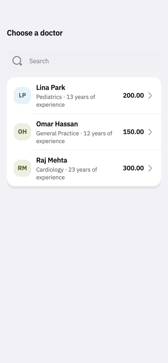 The Teryaq booking screen: the hospital’s doctors and their specialties.