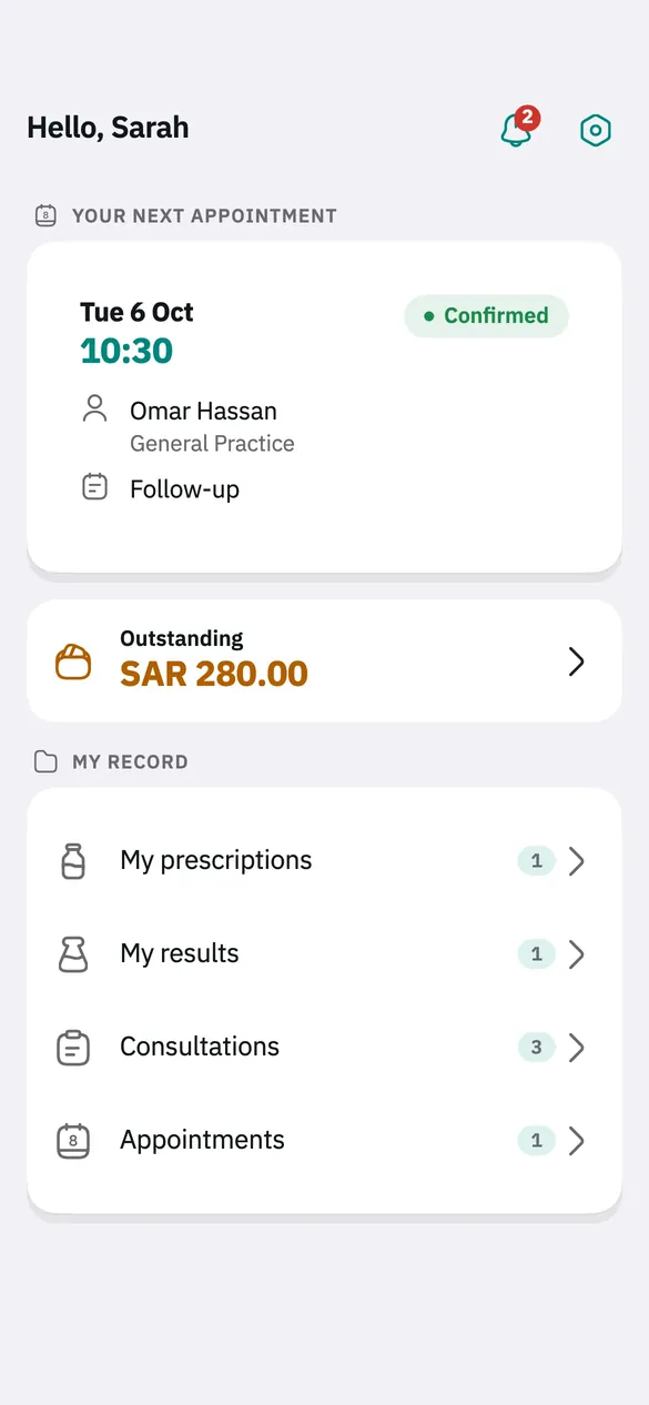 The Teryaq home screen: the next appointment and shortcuts to results and bills.